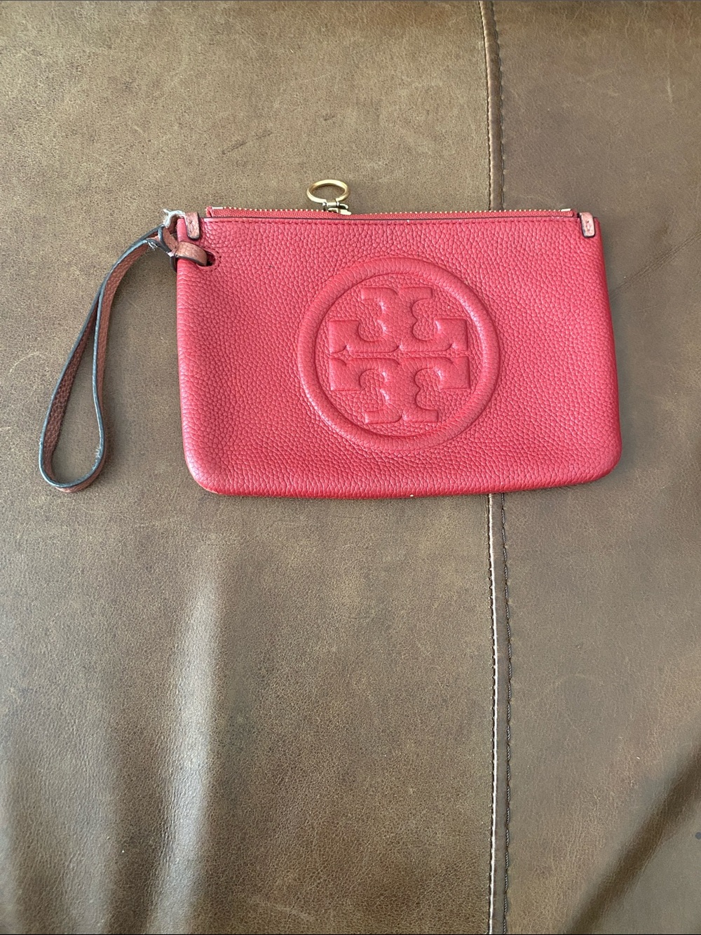 Tory Burch Red Pebbled Leather Wristlet with Logo Medallion
